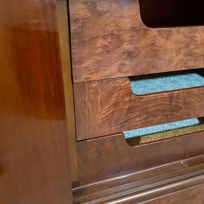 Vintage Berkey and Gay Tall Boy Painted Dresser Inlay Burl Wood and Mahogany