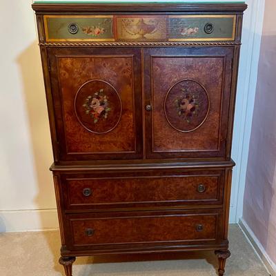Vintage Berkey and Gay Tall Boy Painted Dresser Inlay Burl Wood and Mahogany