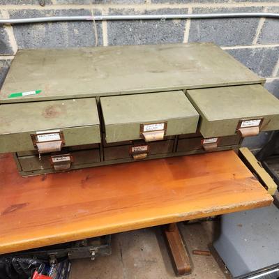 12 Drawer Metal Industrial Hardware Storage Cabinet includes vintage content