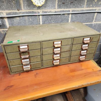 12 Drawer Metal Industrial Hardware Storage Cabinet includes vintage content