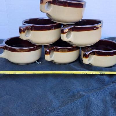 Six Western Monmouth Pottery Soup Bowl Maple Leaf USA Handled Soup Bowl Brown Drip