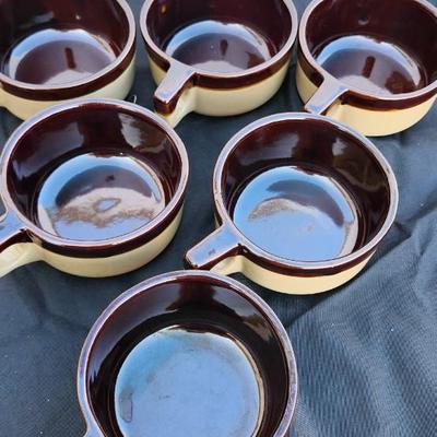 Six Western Monmouth Pottery Soup Bowl Maple Leaf USA Handled Soup Bowl Brown Drip