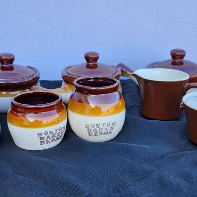 Stoneware Drip Pottery including Boston Bean Pot Brown and Tan