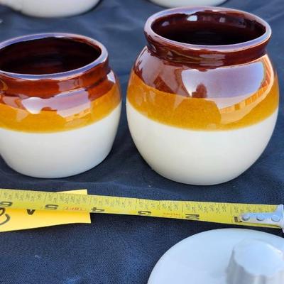 Stoneware Drip Pottery including Boston Bean Pot Brown and Tan