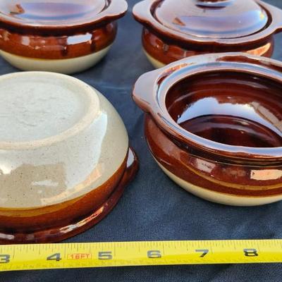 Nine Vintage Small Stoneware Covered French Onion Soup Bowls/Glazed Stoneware Covered Bowls