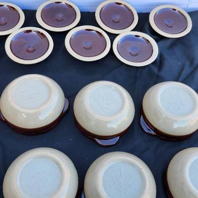 Nine Vintage Small Stoneware Covered French Onion Soup Bowls/Glazed Stoneware Covered Bowls