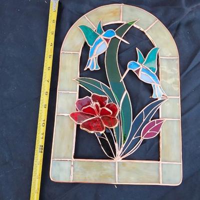Vintage Stained Glass Panel Hanging Sun Catcher 2 birds With Floral Design