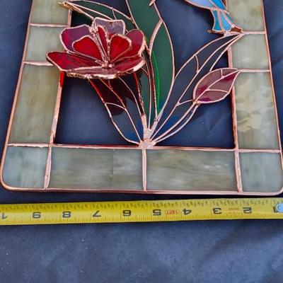 Vintage Stained Glass Panel Hanging Sun Catcher 2 birds With Floral Design
