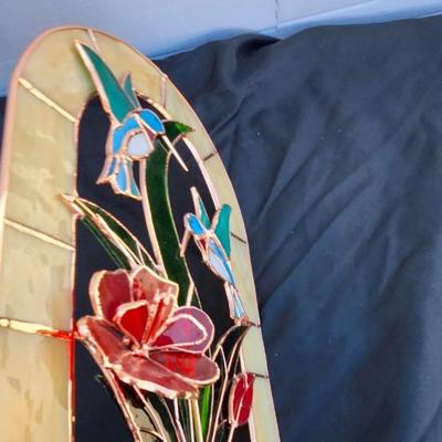Vintage Stained Glass Panel Hanging Sun Catcher 2 birds With Floral Design