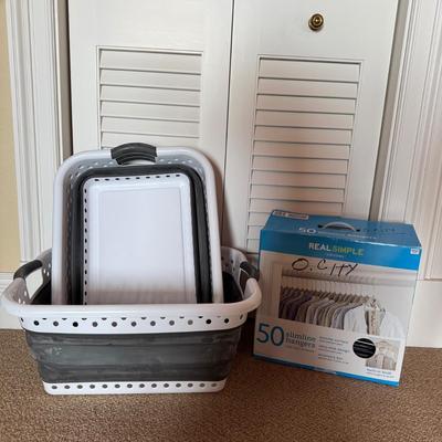 1051 Set of 4 Collapsible Laundry Baskets with Box of Skirt Hangers