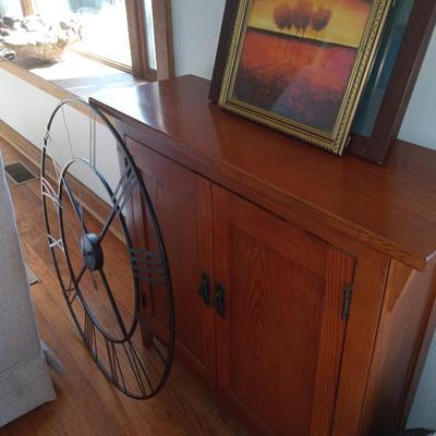 Small oak cabinet, clock, picture
