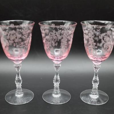FOSTORIA Navarre Pink & Crystal Claret Wine Glasses (3)