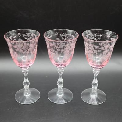 FOSTORIA Navarre Pink & Crystal Claret Wine Glasses (3)