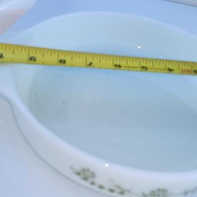 Three VINTAGE GLASBAKE MILK GLASS GREEN FLORAL PATTERN CASSEROLE DISH