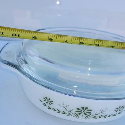 Three VINTAGE GLASBAKE MILK GLASS GREEN FLORAL PATTERN CASSEROLE DISH