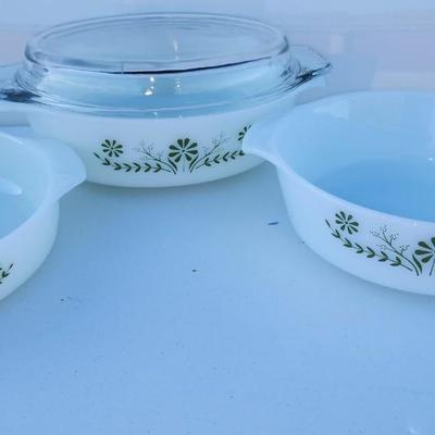 Three VINTAGE GLASBAKE MILK GLASS GREEN FLORAL PATTERN CASSEROLE DISH