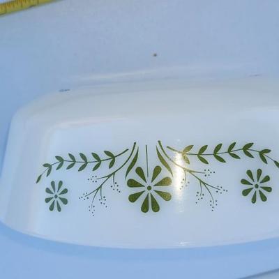 Three VINTAGE GLASBAKE MILK GLASS GREEN FLORAL PATTERN CASSEROLE DISH