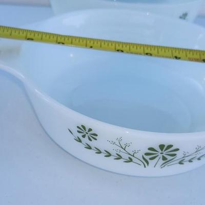 Three VINTAGE GLASBAKE MILK GLASS GREEN FLORAL PATTERN CASSEROLE DISH