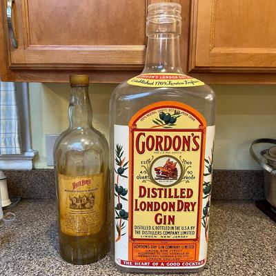 2 Vintage Bottle Banks - White Horse Glass, Gordons Plastic