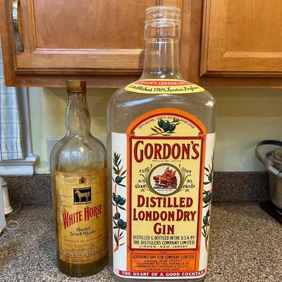 2 Vintage Bottle Banks - White Horse Glass, Gordons Plastic