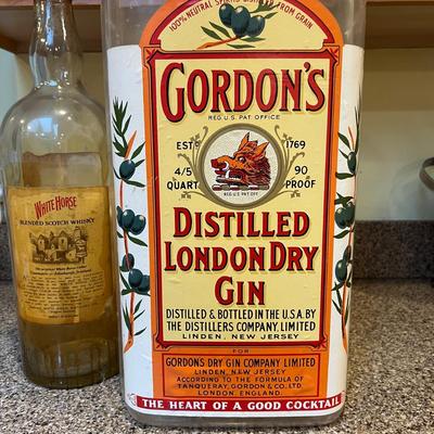 2 Vintage Bottle Banks - White Horse Glass, Gordons Plastic