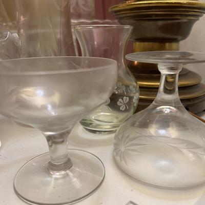 Big Lot Etched Glass Serving Ware, Glasses, Vases