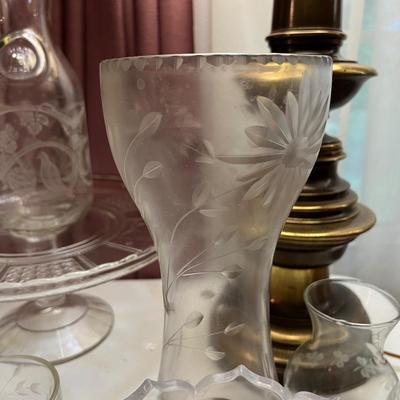 Big Lot Etched Glass Serving Ware, Glasses, Vases