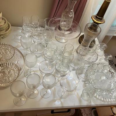 Big Lot Etched Glass Serving Ware, Glasses, Vases