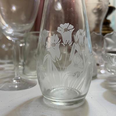 Big Lot Etched Glass Serving Ware, Glasses, Vases
