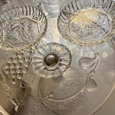 Big Lot Etched Glass Serving Ware, Glasses, Vases