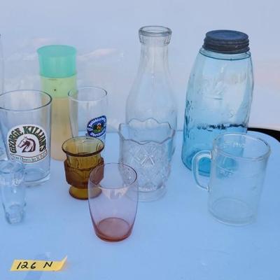 Glass lot, including ball mason jar and beer glasses