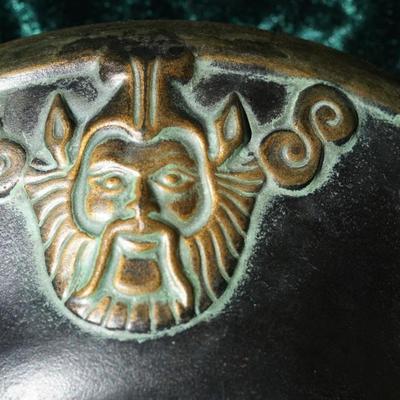 NORSE POTTERY TRI FOOTED BOWL W/ MAN O WIND DECOR.