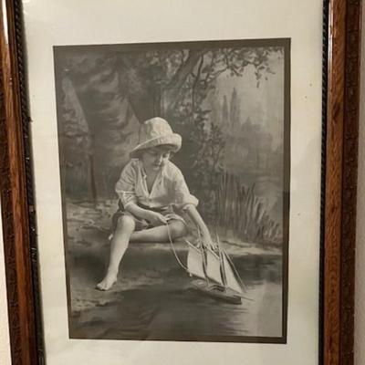 Vintage Framed Photo Of Girl With Toy Boat
