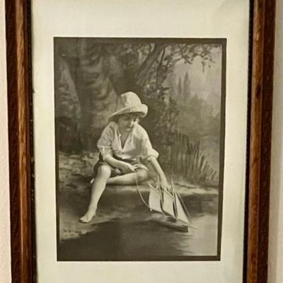 Vintage Framed Photo Of Girl With Toy Boat