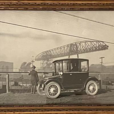 Vintage Photo Of Man Near Old Car Looking At A Train