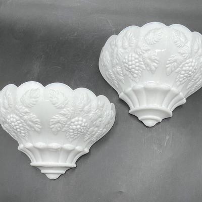 Pair of Westmoreland Wall Sconces Milk Glass with grape bunch decorations