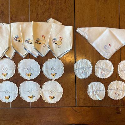 VTG Linen Embroidered Rooster Cocktail Napkins, Stem Ware Coasters