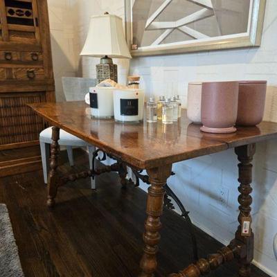Antique Italian walnut table w turned legs and iron fiadores