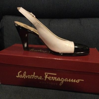 Salvador Feragamo heels size 8.5 AAAAblack calf skin and white Patton leather