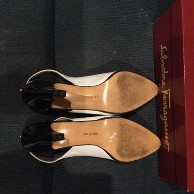 Salvador Feragamo heels size 8.5 AAAAblack calf skin and white Patton leather