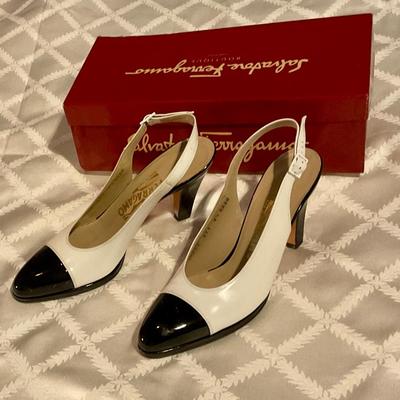 Salvador Feragamo heels size 8.5 AAAAblack calf skin and white Patton leather