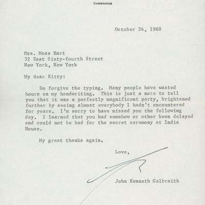 John Kenneth Galbraith signed letter