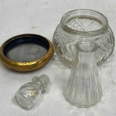 Vintage Iridescent Perfume Bottle with stopper and Avon Cut glass Jar with gold tone lid