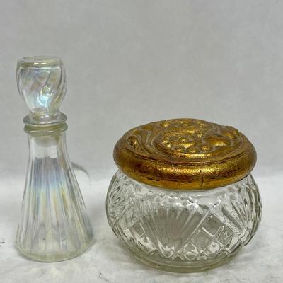 Vintage Iridescent Perfume Bottle with stopper and Avon Cut glass Jar with gold tone lid