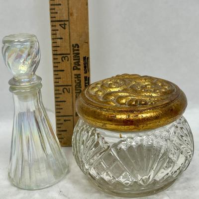 Vintage Iridescent Perfume Bottle with stopper and Avon Cut glass Jar with gold tone lid