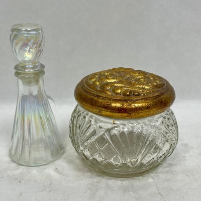 Vintage Iridescent Perfume Bottle with stopper and Avon Cut glass Jar with gold tone lid