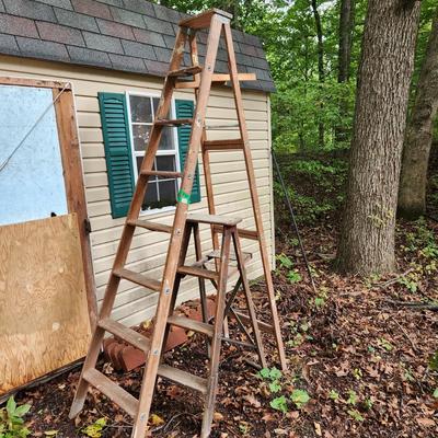2 Vintage Wooden Wood ladders 3 Step & 7 Step