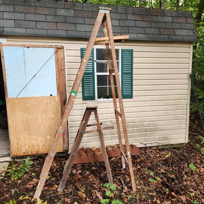 2 Vintage Wooden Wood ladders 3 Step & 7 Step
