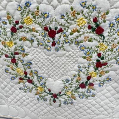 Framed Cross-stitched Heart Wreath on Quilted Background