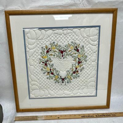 Framed Cross-stitched Heart Wreath on Quilted Background